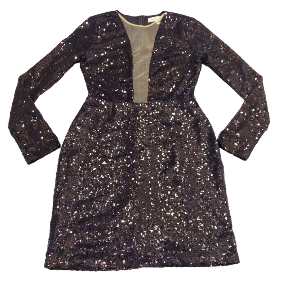 Rare London Womens Black Sequin Sparkly Party Dress Small Sheer Front New W Tags